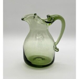 Vtg Hand Blown Green Glass Pitcher Mid Century Modern Art Glass Applied Handle